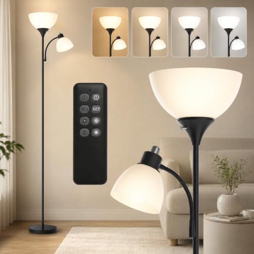 GERGO Torchiere Floor Lamp with Remote Control and Adjustable Reading Light - color: Matte Black