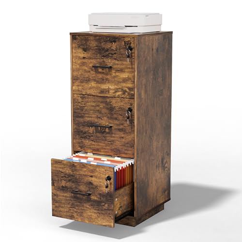 VINGLI 3 Drawer File Cabinet with Lock, Home Office Filing Organizer, for Letter Size File Folder Storage, Wood Tall Vertical Filing Cabinet, Printer Stand, Archivador (Rustic Brown) - color: Rustic Brown, size: High 3 Drawer