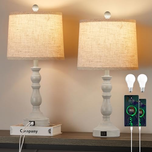23'' Table Lamps Set of 2, Lamps for Bedroom, USB C+A Ports, Beige - color: D.Beige, Grey