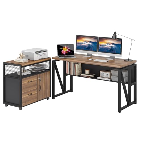 Tribesigns 55" Executive Desk with Reversible File Cabinet, Large L-Shaped Office Desk with Drawers, Business Furniture Workstation for Home Office (Dark Walnut, 55-inch) - color: Dark Walnut