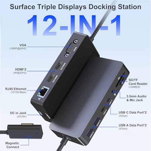 Surface Docking Station, Triple Display Dual 4K HDMI & VGA, 12-in-1 Surface Pro Dock for Microsoft Surface Pro 12/11/10/9/8/7/6/5/4/3, Surface Laptop 7/6/5/4, Surface Go/Book/Laptop Go - color: Black