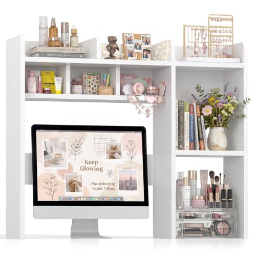 NUTIKAS Desk Hutch White Desktop Bookshelf Shelf - 37 Inch Computer Desk Organizer for Dorm Room, Wood Storage Rack for Home Office Desktop Display Shelves, Small Bookcase for Top of Desk - size: 37 INCH