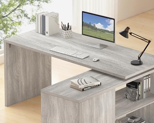 HSH L Shaped Corner Desk, Reversible Computer Desk, Light Grey, 55 Inch - color: Light Gray Oak
