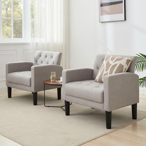 Tufted Accent Chairs Set of 2, Upholstered Armchairs for Living Room - color: Light Grey