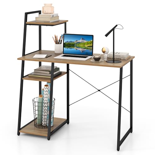 MAT EXPERT Computer Desk with Ladder Shaped Shelves, Compact Home Office Desk w/Monitor Stand & Adjustable Foot Pads, Modern Writing Study Desk PC Laptop Workstation for Home Office (Natural) - color: Natural