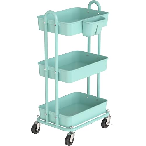 Simple Houseware 3-Tier Rolling Utility Cart with Hanging Bucket, Turquoise | Storage for Bathroom, Kitchen, Office, Study Room, Nursery Diaper - color: Turqoise, size: 3-Tier