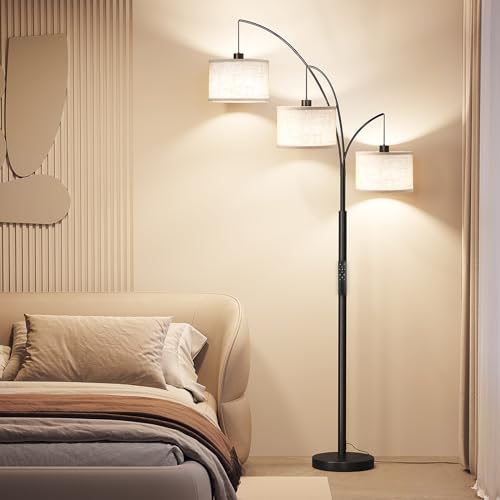 SUNMORY 3 Lights Floor Lamp with Remote Control and 3 Stepless Dimmable Bulbs, 78" Tall Standing Lamp with Hanging Drum Shade & Heavy Base, Modern Arc Floor Lamps for Living Room, Bedroom, Office | 3 Stepless Dimmable Bulbs, Hanging Drum Linen Shade & Hea