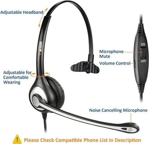 Wantek Telephone Headset Corded RJ9 Headphone with Mic & Noise Cancelling Phone Headsets Compatible with Plantronics Polycom VVX310 410 Yealink S12 Avaya 1408 1416, Landline Phone Headset（Black） - color: Black