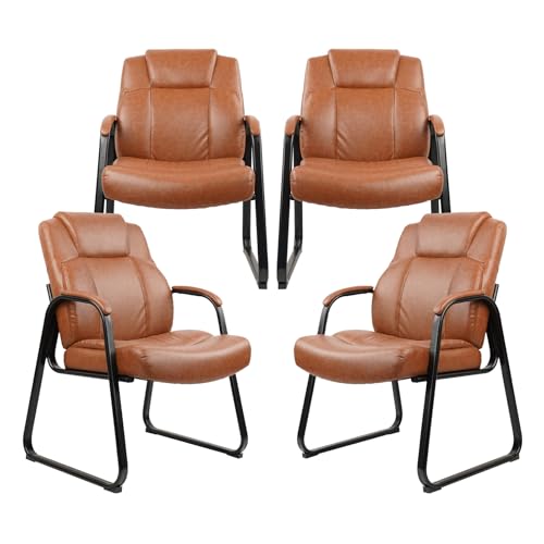 CLATINA Big and Tall Office Chair Set of 4 500lbs Leather Reception Chair with Bonded Padded Armrest Wide Seat Sled Base Desk Chair No Wheels for Reception Conference Waiting Room Side Office, Brown - color: Brown, size: 4 Pack