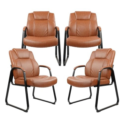 CLATINA Big and Tall Office Chair Set of 4 500lbs Leather Reception Chair with Bonded Padded Armrest Wide Seat Sled Base Desk Chair No Wheels for Reception Conference Waiting Room Side Office, Brown - color: Brown, size: 4 Pack