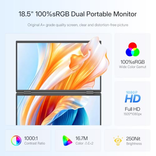 InnoView 18.5" 100Hz Dual Portable Monitor Built-in Speakers 115% sRGB 315°Adjustable Dual Stacked Folding Monitor (Wins/Mac) 1080P Laptop Screen Extender for Laptop(No Driver Needed) - size: 18.5 inches
