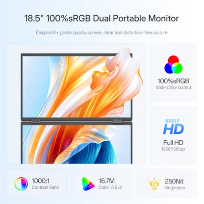InnoView 18.5" 100Hz Dual Portable Monitor Built-in Speakers 115% sRGB 315°Adjustable Dual Stacked Folding Monitor (Wins/Mac) 1080P Laptop Screen Extender for Laptop(No Driver Needed) - size: 18.5 inches