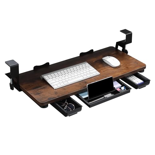 Keyboard Tray Under Desk with Drawer,26.77" X 11.81"Large Size Keyboard Tray with C Clamp-on Mount, Easy to Install, for Home Office (Mahogany) - color: Mahogany
