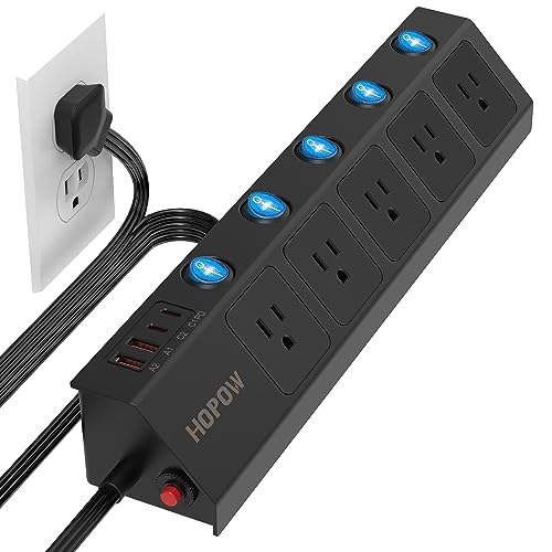 HOPOW 10 Ft Surge Protector Power Strip, Dual Layer Desk Clamp Power Strip & PD 20W USB C Flat Plug Power Strip with Individual Switches, for Home Office, Black
