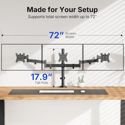 HUANUO Triple Monitor Mount for 13-27 Inch Screens | Tilt, Swivel, Rotation, Heavy Duty Monitor Desk Mount with C-Clamp, Grommet Base, VESA 75/100mm, Holds up to 22 lbs per Arm