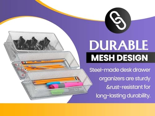 YBM HOME Silver Mesh Drawer Cabinet and or Shelf Organizer Bins, School Supply Holder Office Desktop Organizer Basket (1, 3x9x2 Inch) - size: 3x9x2 Inch