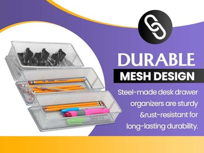 YBM HOME Silver Mesh Drawer Cabinet and or Shelf Organizer Bins, School Supply Holder Office Desktop Organizer Basket (1, 3x9x2 Inch) - size: 3x9x2 Inch