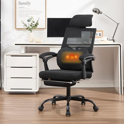 Qulomvs Ergonomic Office Chair with Massage&Heated Lumbar Support, Kneading Massage Office Chair with Foot Rest, Reclining Home Office Desk Chair Adjustable Mesh Computer Desk Chair with Wheels - color: Black With Massager