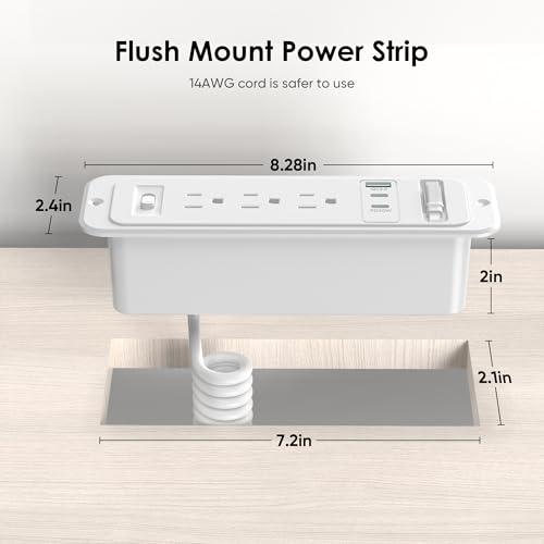 Recessed Power Strip with 60cm Retractable USB C Cable, Flush Mount | Furniture Drawer Outlet kit insert in (4) 20W USB & (3) 15 Amp AC Outlets, Hidden Charging Station for Desktop - color: White