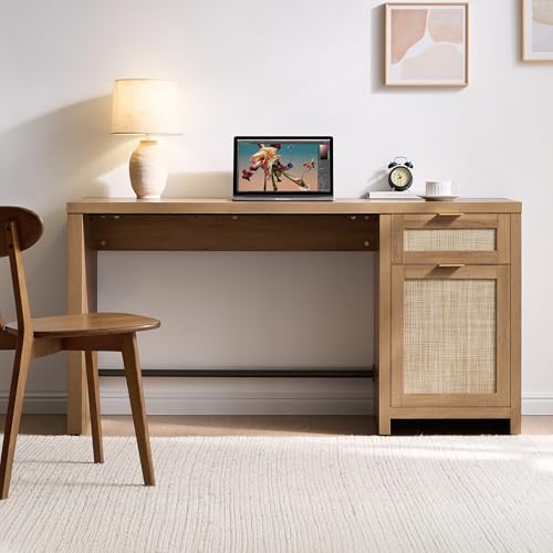 SICOTAS Rattan Computer Desk Wood Desk with Drawer, 59" Home Office Desk | Large Boho Farmhouse Writing Table Vanity Desk with Cabinet for Office, Study, Living Room, Dining Room - size: 1 Piece