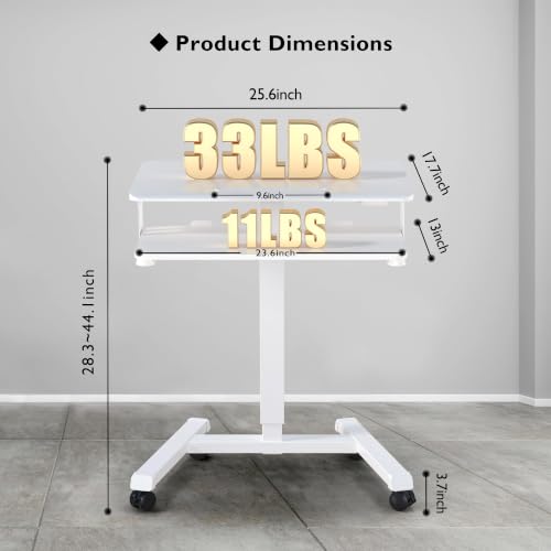 BONTEC Mobile Standing Desk with Keyboard Tray, Mobile Podium on Wheels | Rolling Laptop Sit Stand Desk, Adjustable Height Desk Up to 33lbs, Portable Computer Workstation Cart for Living Room, White - color: White