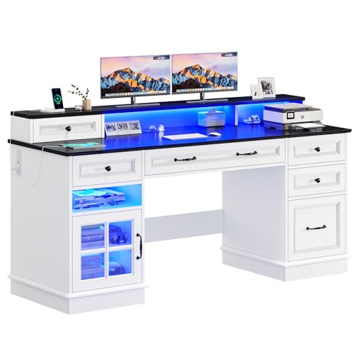 BTHFST 59.1" Executive Desk with File Drawer, Charging Station, White - color: White and Black