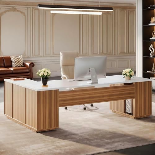 Tribesigns 86" Modern L-Shaped Executive Desk,(White & Brown) | Extra Large Office Desk with File Drawers, Business Desk Workstation with Door Cabinet, Shelves for Home Office