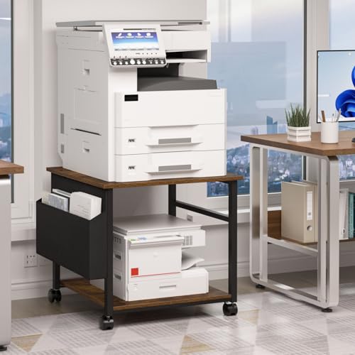 Lerliuo Brown Large Printer Stand with Storage | 23.6" W x 23.6" D x 22.8" H Printer Table for Home Office, Rolling Printer Cart Holder with Lockable Wheels & Side Pocket - color: Brown
