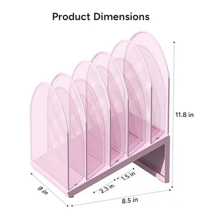 5-Section Desk File Organizer | Metal Mesh Folder Organizer for Documents, Mail & Office Papers (Pink) - color: Pink