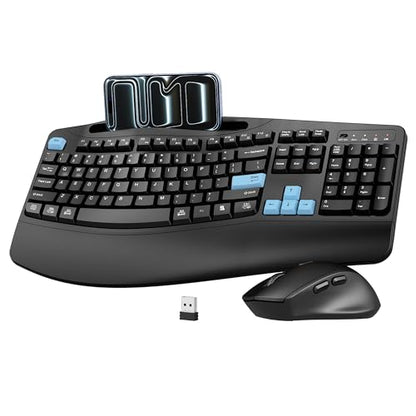 Wireless Keyboard and Mouse Combo, Full Size Ergonomic Wave Keys(Blue) - color: Blue Black