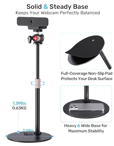 Webcam Stand for Desk, 360° Ballhead, Height Adjustable Tripod, 1/4 Thread | Stable Metal Base, With Phone Holder, Fits Logitech C922/C930e/C920/C920x/C615/C960/BRIO 4K, NexiGo N60, GoPro, Easy Setup - size: 9.2–15.5"H (7.09" dia base)