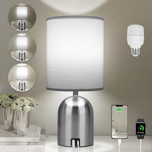 Bedside Table Lamp for Bedroom, 3 Way Dimmable Touch Desk Lamp | USB Charging Port Table Lamps for Living Room, Bedroom, Reading Room, Office, Grey/Sliver