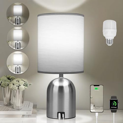 Bedside Table Lamp for Bedroom, 3 Way Dimmable Touch Desk Lamp | USB Charging Port Table Lamps for Living Room, Bedroom, Reading Room, Office, Grey/Sliver