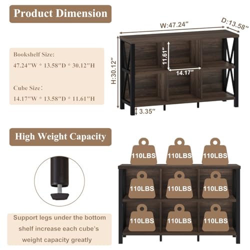 FATORRI 6 Cube Storage Organizer with Shelf, Short Horizontal Bookshelf for Living Room, Wood and Metal Cubby Bookcase, 47 Inch Industrial Low Book Shelf and Book Case (Dark Walnut) - color: Dark Walnut, size: Without Drawer