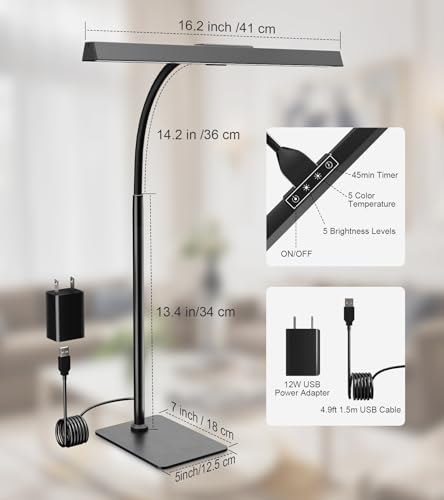 LED Desk Lamp for Home Office with Base, Eye-Caring Desk Light 12W, Black - color: Black