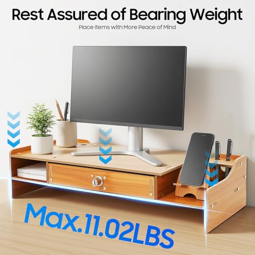 Wood Monitor Riser with Lockable Drawer, Computer/Laptop/PC Stand for Desk Organizer for Homes, Schools Monitor Stand Capacity 5.51-11.02 Lbs with Phone Holder & Pen Holes