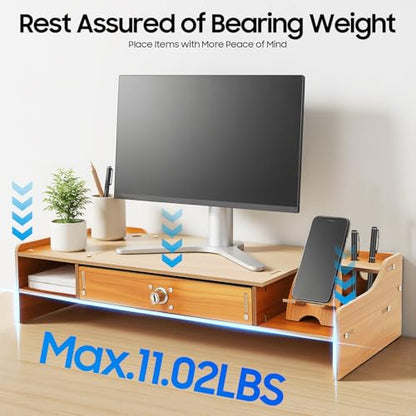 Wood Monitor Riser with Lockable Drawer, Computer/Laptop/PC Stand for Desk Organizer for Homes, Schools Monitor Stand Capacity 5.51-11.02 Lbs with Phone Holder & Pen Holes