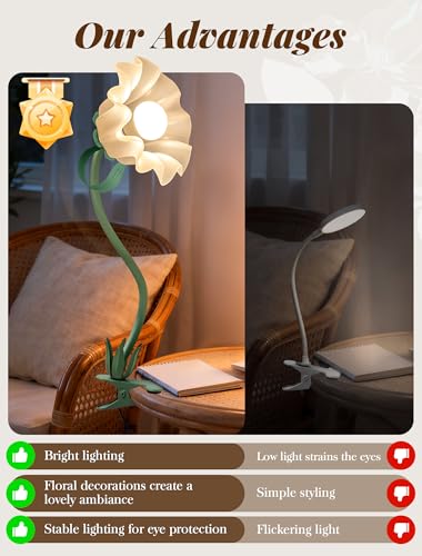 Clip On Light and Bed Headboard Lamp,Valentines Day Gifts for Women,Flower Desk Lamp with 3 Color Modes,USB Power Gooseneck Reading Light,Night Light for Nursery,College Dorm Room Essentials (Green)