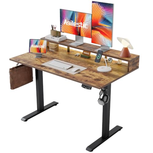 Agilestic 55 x 24 Inch Electric Standing Desk with Shelf, Height Adjustable Desk with Power Outlets & LED, Sit Stand Up Table with Monitor Stand, Computer Workstation, Rustic Brown - color: Led-rustic Brown, size: 55 x 24 Inches with led and power strips