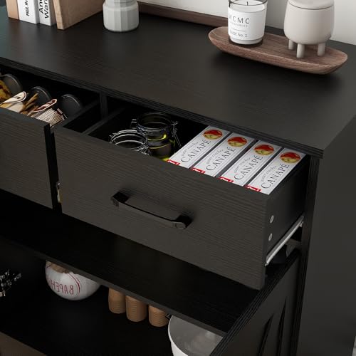 Panana Sideboard 2 Drawers 2 Doors Entryway Storage Cabinet Living Room Organizer Farmhouse Style Wooden Kitchen Cupboard (Black) - color: Black