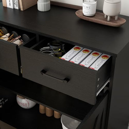 Panana Sideboard 2 Drawers 2 Doors Entryway Storage Cabinet Living Room Organizer Farmhouse Style Wooden Kitchen Cupboard (Black) - color: Black