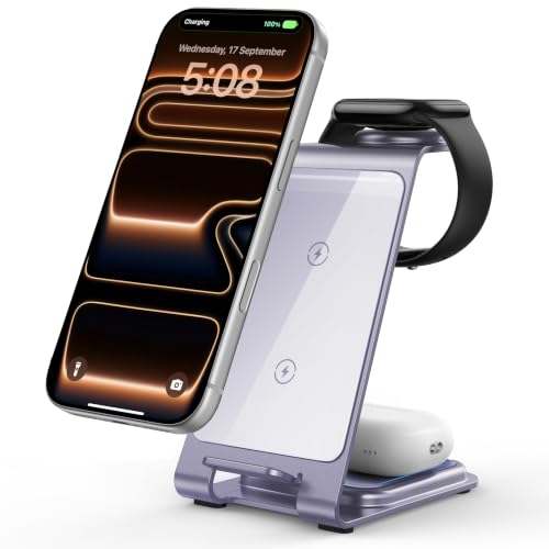 Intoval Aluminum 3 in 1 Wireless Charging Station for iPhone 17 16 15 14 13 12 11 Pro Max XR, Wireless Charger for Apple Watch 11 10 9 8 7 Ultra SE 3 2, Phone Charger for AirPods 4 Pro 2 3 (Lavender) - color: Lavender