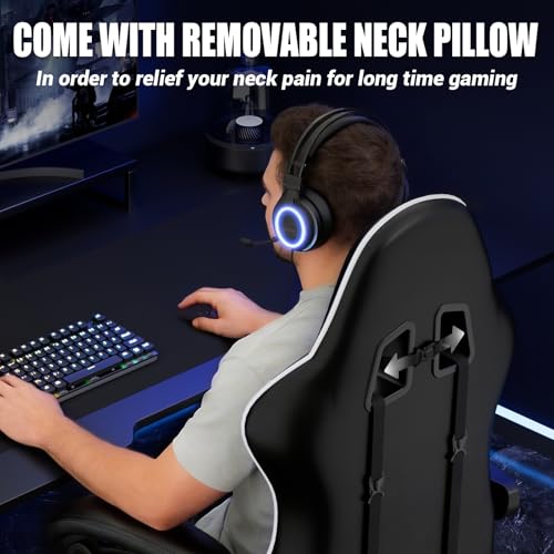 Czlolo Gaming Chair with Footrest Racing Style Lumbar Support Massager Video Game Chair with Metal Legs, High Back Reclining Gamer Chair with Headrest, 360° Swivel Office Computer Desk Chair (White) - color: White