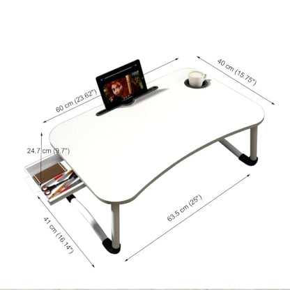 23.6'' Ergonomic Lap Desk with Storage Drawer & Cup Holder, Foldable Laptop Bed Table for Home Office, Gaming, Writing, Breakfast - Lightweight, Portable, Fits 18'' Laptops (White) - color: White