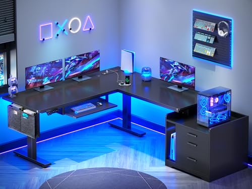 SEDETA L Shaped Electric Standing Desk with File Cabinet, 63 x 53'' Height Adjustable Home Office Computer Desk with Drawers, Power Outlet, Stand up Gaming Table with Led Lights, Keyboard Tray, Black - color: Black, size: 63 x 53'' L Shaped Standing Desk