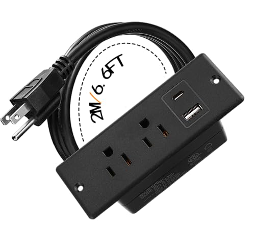 Recessed Power Strip with USB-C 20W and USB-A, 2 AC Outlets, in-Desk Flush Mount Power Strip, 125V 12A 1500W, for Desk Countertop Kitchen Island (Black, 6.6FT) - size: 6.6FT, style: 20W