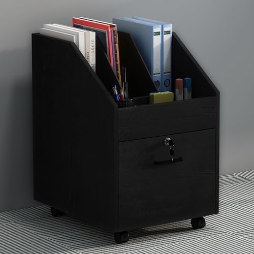 Mobile File Cabinet with Lock, Under Desk Rolling Wood Filing Cabinet with Open Storage Shelves, Lockable Drawer for Letter/A4 Hanging Folders, Home Office File Organizer, Black - color: Black