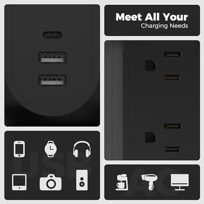 TESSAN Tower Power Strip Flat Plug with 1050J Surge Protection, 6 Ft, Black (Pack of 2) - color: Black, size: 6 Feet (Pack of 2)