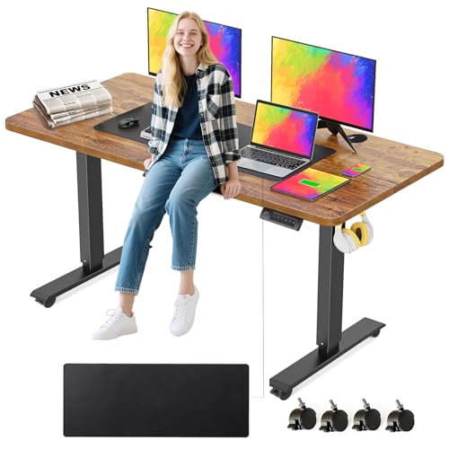 55 x 24 in Electric Standing Desk Adjustable Height, Sit Stand Home Office Rolling Computer Desk with 35 x16 in Mouse Pad, Wheels and Hooks，27''-46'' Lifting Range Stand up Desk(Brown) - color: Brown, size: 55 x 24''