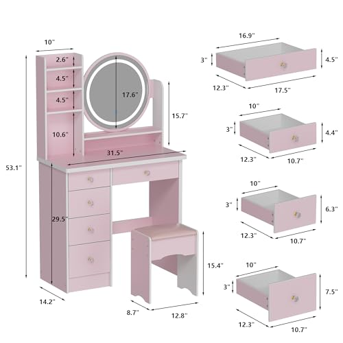 ECACAD Vanity Desk Set with LED Lighted Round Mirror, Makeup Dressing Table with 5 Drawers, Storage Shelves & Cushioned Stool for Bedroom, Pink - style: Pink-With Light